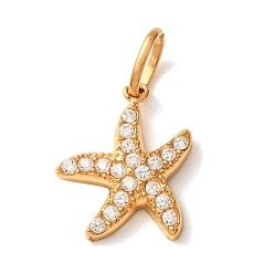 Oro 304 dijes de circonita cúbica transparentes micro pavé de acero inoxidable, encantos de estrellas de mar, revestimiento de iones (ip), dorado, 13.5x11x2.5 mm, agujero: 4x2.5 mm