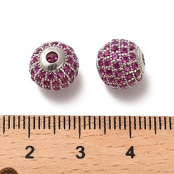Fuchsia Rhodium Plated 925 Sterling Silver Micro Pave Cubic Zirconia Beads, Round, Real Platinum Plated, Fuchsia, 10x9mm, Hole: 2.2mm