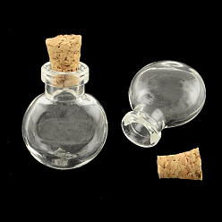 Clear Flat Round Glass Bottle for Bead Containers, with Cork Stopper, Wishing Bottle, Clear, 25x20x13mm, Hole: 6mm, Bottleneck: 9mm in diameter, Capacity: 1.2ml(0.04 fl. oz)