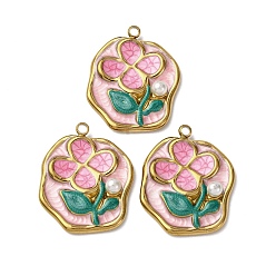 Oval 304 нержавеющей стальной эмали подвески, с абс пластмассовыми жемчужными бисером, ионное покрытие (ip), цветок, золотые, овальные, 24.5x20.5x4.5 мм, отверстие : 1.8 мм