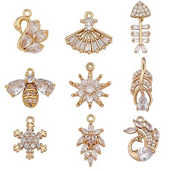Golden 9Pcs 9 Style Brass Micro Pave Clear Cubic Zirconia Pendants, Mix-shaped, Golden, 11.5~24.5x9~19x2.5~5.5mm, Hole: 1~2.5x1~5mm, 1pc/style