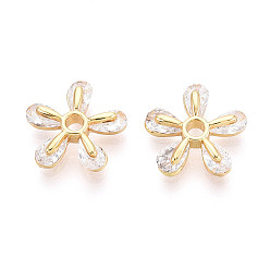 Настоящее золото 18K Латунные микропаве из прозрачного кубического циркония, цветок, реальный 18 k позолоченный, без кадмия, без никеля и без свинца, 12x12~12.5x3 мм, отверстие : 2 мм