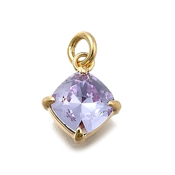 Лиловый Ромб из латуни со стеклянными подвесками, одиночные каменные прелести, без кадмия и без свинца, долговечный, стойки покрытие, реальный 18 k позолоченный, сирень, 10x8x4 мм, отверстие : 2 мм
