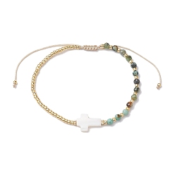 Африканский Бирюза(яшма) 3Мм круглые граненые браслеты из натуральной африканской бирюзы (яшмы) и бисера, плетеные из бисера, регулируемые женские браслеты из натуральных морских ракушек с крестом, 0.2~0.35 см, внутренний диаметр: 2-1/8~2-3/8 дюйм (5.5~6 см)