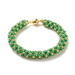 Medium Sea Green Glass Seed Beaded Bracelet with Brass Magnetic Clasp, Braided Bracelet for Women, Medium Sea Green, 7-1/2 inch(19cm)
