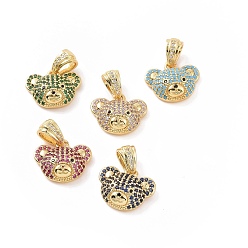 Mixed Color Brass Micro Pave Cubic Zirconia Pendants, Bear Head Charm, Golden, Mixed Color, 16x13x5.5mm, Hole: 6.5x3.5mm