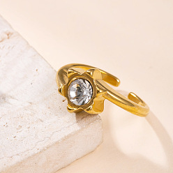 Real 18K Gold Plated 304 Stainless Steel Cuff Open Rings, Sun, with Rhinestone, Real 18K Gold Plated, US Size 4 1/4(15mm)~20mm