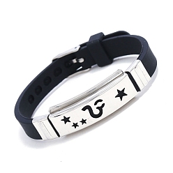 Löwe Edelstahl-Gliederarmband mit Sternbild und Silikonkordeln, Löwe, 8-7/8 Zoll (22.5 cm)