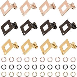 Mixed Color PVD Vacuum Plating 304 Stainless Steel Stud Earring Findings, with Loop, Square/Rhombus, Mixed Color, 13.5x13.5x0.8mm, Hole: 1mm, Pin: 0.7mm, 3 Colors, 8pcs/color, 24pcs/box