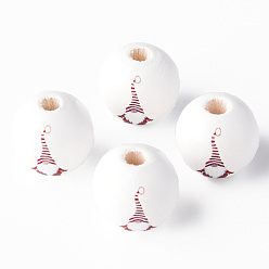 Red Painted Natural Wood Beads, Round with Father Christmas Pattern, Red, 16x15mm, Hole: 4mm