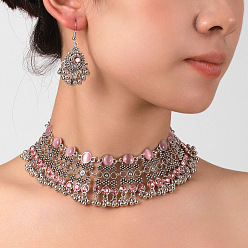 Pink Комплекты из ретро-сплавного колье-чокера и сережек-подвесок для женщин, с кошачий глаз, розовые, ожерелья: 450 мм; серьга: 50x30мм