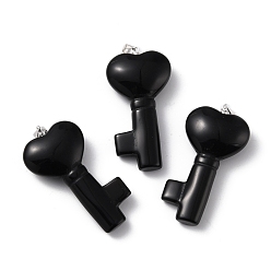 Обсидиан Природные подвески обсидиана, с переходным кольцом из платиновой латуни, Ключ с сердцем, 43x22x10.4 мм, отверстие : 3.8x5 мм