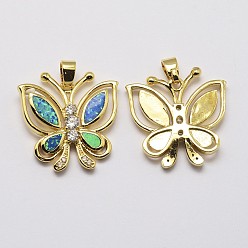 Golden Brass Micro Pave Cubic Zirconia Pendants, with Synthetic Opal, Butterfly, Cadmium Free & Lead Free, Golden, 24x23x4mm, Hole: 3x5mm