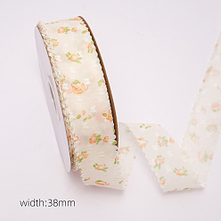 Moccasin 10 Yards Flower Pattern Organza Ribbons, Garment Accessories, Gift Packaging, Moccasin, 1-1/2 inch(38mm), about 10 Yards(9.14m)/Roll