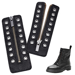 Black PU Leather Lace-in Boot Zipper Inserts, Tieless Shoe Laces, with Brass Zipper, Alloy Puller, for Boots, Black, 165x60x4mm, Hole: 5mm