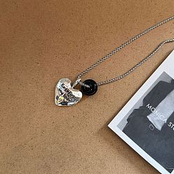 Black Onyx Женские кулоны из натурального черного оникса (окрашенного и термически обработанного), круглых бусин и сердечек из сплава., античное серебро, 23.62 дюйм (60 см)