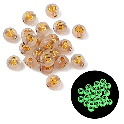 Letter S Светящиеся прозрачные акриловые бусины, плоские круглые с буквы, светится в темноте, золотой металл обвитыми, Письмо с, 7x4 мм, отверстие : 1.8 мм, Около 3700 шт / 500 г