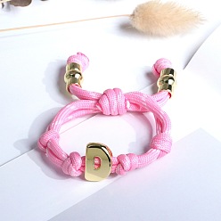 Бледно-Розовый Браслеты из хлопкового шнура с плетеным узлом и буквой D, латунные подвески в виде букв алфавита для женщин и мужчин, золотые, розовый жемчуг, внутренний диаметр: 1.97~2.76 дюйм (5~7 см)