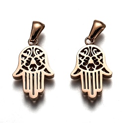 Oro Rosa Revestimiento iónico (ip) 304 colgantes de acero inoxidable, pulido manual, hamsa mano / mano de fatima / mano de miriam, oro rosa, 21.5x14x3 mm, agujero: 6x3 mm