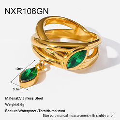 Green 304 Stainless Steel Pave Cubic Zirconia Finger Rings, Horse Eye, Golden, Green, US Size 7(17.3mm)