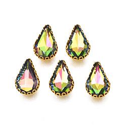 Pink Plated Sew on Rhinestone, Transparent Glass Rhinestones, with Iron Prong Settings, AB Color Plated, Faceted, Teardrop, Pink Plated, 13.5x8.5x5mm, Hole: 0.9mm