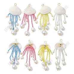 (52) Непрозрачная лаванда 4шт 4цвета стеклянные бусины подвески в виде медузы, с ракушкой и искусственным жемчугом и настоящей 18позолотой 304 из нержавеющей стали, разноцветные, 68.5x26.5x8.5 мм, отверстие : 3.5 мм, 1 шт./коло