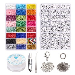 Mixed Color DIY Jewelry Set Kits, with Elastic Crystal Thread, Acrylic Letter Beads and Glass Seed Beads, Zinc Alloy Lobster Claw Clasps, Beading Tweezers and Sharp Steel Scissors, Mixed Color, 190x130x36mm