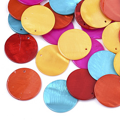 Mixed Color Natural Freshwater Shell Pendants, Flat Round, Spray Painted, Mixed Color, 25x2mm, Hole: 1.5mm