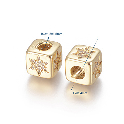 Golden Brass Micro Pave Cubic Zirconia Beads, Long-Lasting Plated, Cube with Snowflake Pattern, Golden, Clear, Golden, 10x8x8.5mm, Hole: 1.5x3.5mm and 4mm