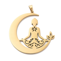 Золотой 304 подвески из нержавеющей стали, лазерная резка, луна с талисманом йоги лотоса, золотые, 38x38x1 мм, отверстие : 4.5x2.5 мм