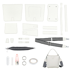 White DIY PU Leather Knitting Crochet Bucket Bags, including Bottom & Cover, Shoulder Strap, Pliers, Double Sided Adhesive Tape, Key Ring, Wax Cord, Zipper, White, 79~124x3.7x0.1cm