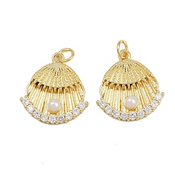 Настоящее золото 16K Латунные микро проложить кубического циркония подвески, формы раковины, с абс пластмассовой имитационной жемчужиной, с целью перехода в кольце, реальный 16 k позолоченный, 20x18x4.5 мм, отверстие : 3.3 мм