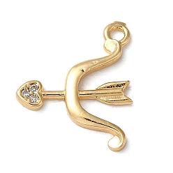 Golden Brass Micro Pave Cubic Zirconia Pendants, Nickel Free, Bow and Arrow Charms, Golden, 18x15x2mm, Hole: 1.6mm