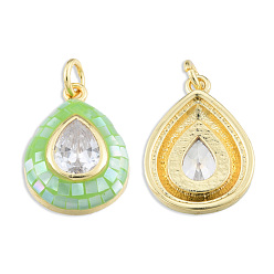 Light Green Brass Pave Clear Cubic Zirconia Pendants, with Jump Rings and Shell, Enamel, Real 18K Gold Plated, Nickel Free, Teardrop, Light Green, 19x13.5x4.5mm, Jump Ring: 5x1mm, 3mm inner diameter