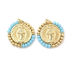 Голубой Подвеска из латуни, покрытая стойкой, со стеклом, долговечный, без свинца и без кадмия, круглые, голубой, 23.5x23x3 мм