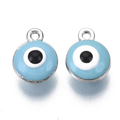 Azul Cielo Colgantes de la aleación, con esmalte, plano y redondo con mal de ojo, luz azul cielo, 12.5x10x7 mm, agujero: 1.4 mm