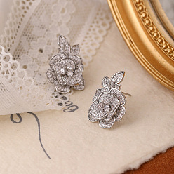 Платина Серьги-гвоздики из латуни с микро-паве и прозрачным фианитом, с иглой из стерлингового серебра, платина, 21.5x15 мм