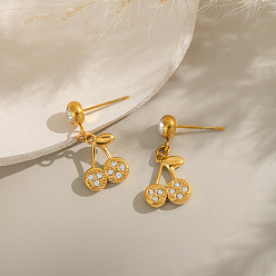 Настоящее золото 18K Серьги-гвоздики из нержавеющей стали с подвесками в виде вишни, с четким кубического циркония, реальный 18 k позолоченный, 24.2x11 мм