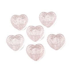 Розовый Стеклянные бусины, сердце с цветочным узором из бусин, с блеском порошок, туманная роза, 16x17.5x7.5 мм, отверстие : 1.2 мм
