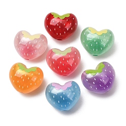 Couleur Mélangete Perles acryliques opaques imprimés, cœur de fraise, avec de la poudre de paillettes, nacré, couleur mixte, 18x22x15.5mm, Trou: 3.5mm