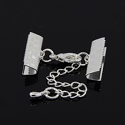 Silver Brass Ribbon Ends with Lobster Claw Clasps and Chains, Silver, 29mm, Ribbon end: 7x20mm