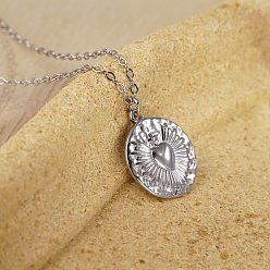 Нержавеющая Сталь Цвет Французский стиль нержавеющая сталь плоская круглая с крестом священное сердце кулон ожерелья для женщин, цвет нержавеющей стали, 17.72 дюйм (45 см)