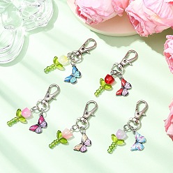 (52) Непрозрачная лаванда 5 шт. стеклянные тюльпаны и эмалевые подвески-бабочки, с сплава шарнирного когтя омара застежками, разноцветные, 63 мм