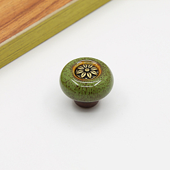 Желто-Зеленый Дверные ручки шкафа из цинкового сплава, кухонный ящик тянет ручки шкафа, плоский круглый с цветочным и леопардовым принтом, желто-зеленый, 32x26 мм