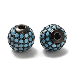 Deep Sky Blue 925 Sterling Silver Micro Pave Cubic Zirconia Beads, Round, Gunmetal, Deep Sky Blue, 10x9mm, Hole: 2.2mm