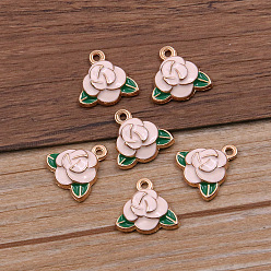 Pink Alloy Pendants, with Enamel, Light Gold, Rose, Pink, 17x17mm, Hole: 2mm