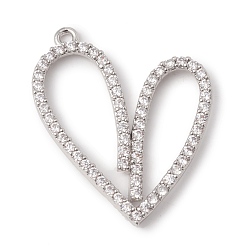 Платинированный Экологически чистые подвески из латуни с микропаве из кубического циркония, долговечный, без свинца и без кадмия, сердце, Реальная платина, 26.5x21.5x2.5 мм, отверстие : 1.2 мм