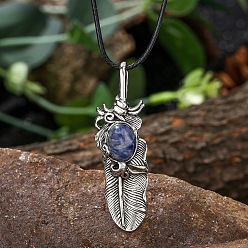 Sodalite Natural Sodalite Alloy Feather Pendant Black PU Leather Cord Necklaces, Antique Silver, 17.72 inch(45cm)