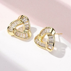 Настоящее золото 18K Треугольные серьги-гвоздики из латуни с микропаве из прозрачных кубических цирконий, реальный 18 k позолоченный, 13.5x14.5 мм