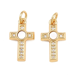 Cross Latón micro pavimenta claro colgantes de circonio cúbico, con la cáscara, real 16 k chapado en oro, encantos cruzados, 17.5x10x2.5 mm, agujero: 3 mm
